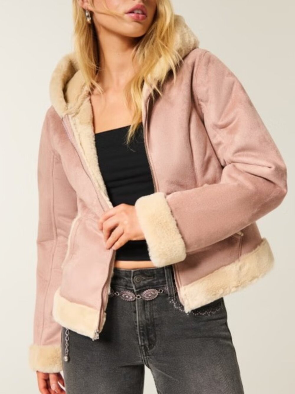 Hollister Faux Shearling Hoodie Jacket Faux Fur-Lined Pastel Pink Coat NWT
